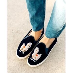 Soludos Llama Velvet Slip On Sneakers Navy Blue Fuzzy Terry Cloth 6